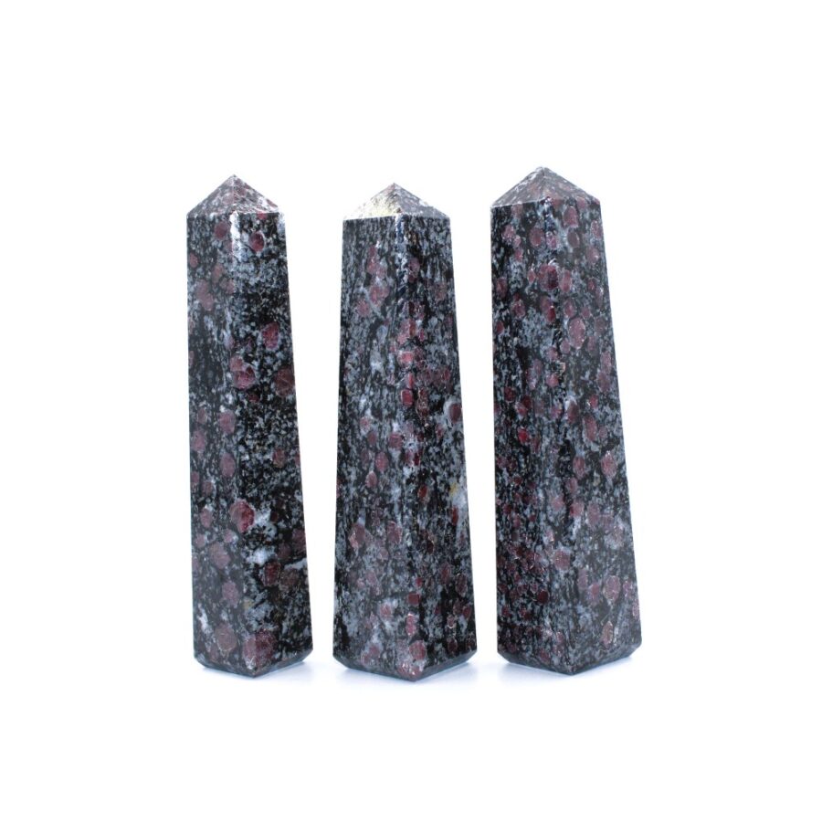 Garnet in Black Tourmaline 4 Faceted Obelisks Tower